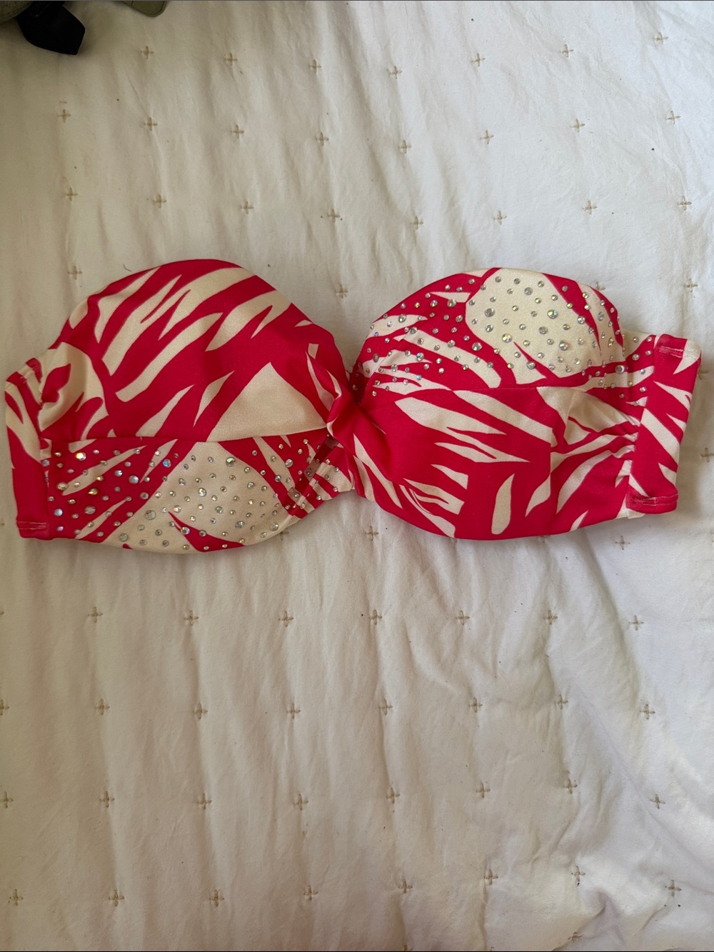 Victoria's Secret Pink and White Strapless Bikini Top with Rhinestones